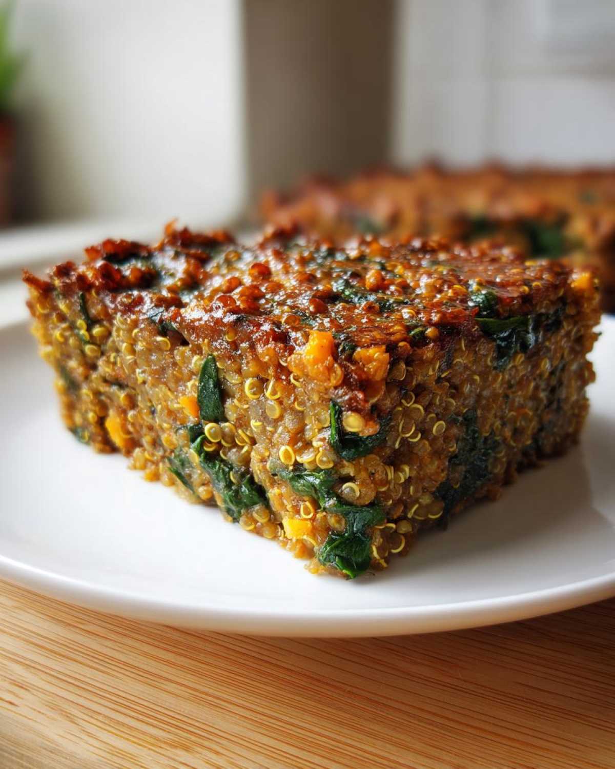 A close-up of a hearty slice of Quinoa Lentil Spinach Casserole showing quinoa grains, green spinach, and orange vegetable pieces.