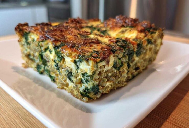 A thick, golden-brown slice of Quinoa Lentil Spinach Casserole featuring visible quinoa grains and dark green spinach.