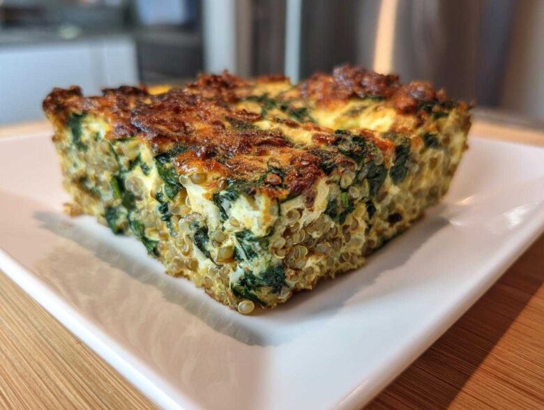A thick, golden-brown slice of Quinoa Lentil Spinach Casserole featuring visible quinoa grains and dark green spinach.