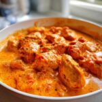 Close-up of tender chicken pieces coated in a rich, creamy orange sauce in a white bowl, featuring Roasted Red Pepper Chicken.