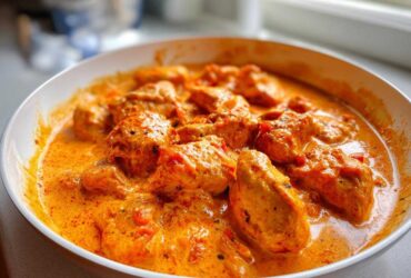 Close-up of tender chicken pieces coated in a rich, creamy orange sauce in a white bowl, featuring Roasted Red Pepper Chicken.