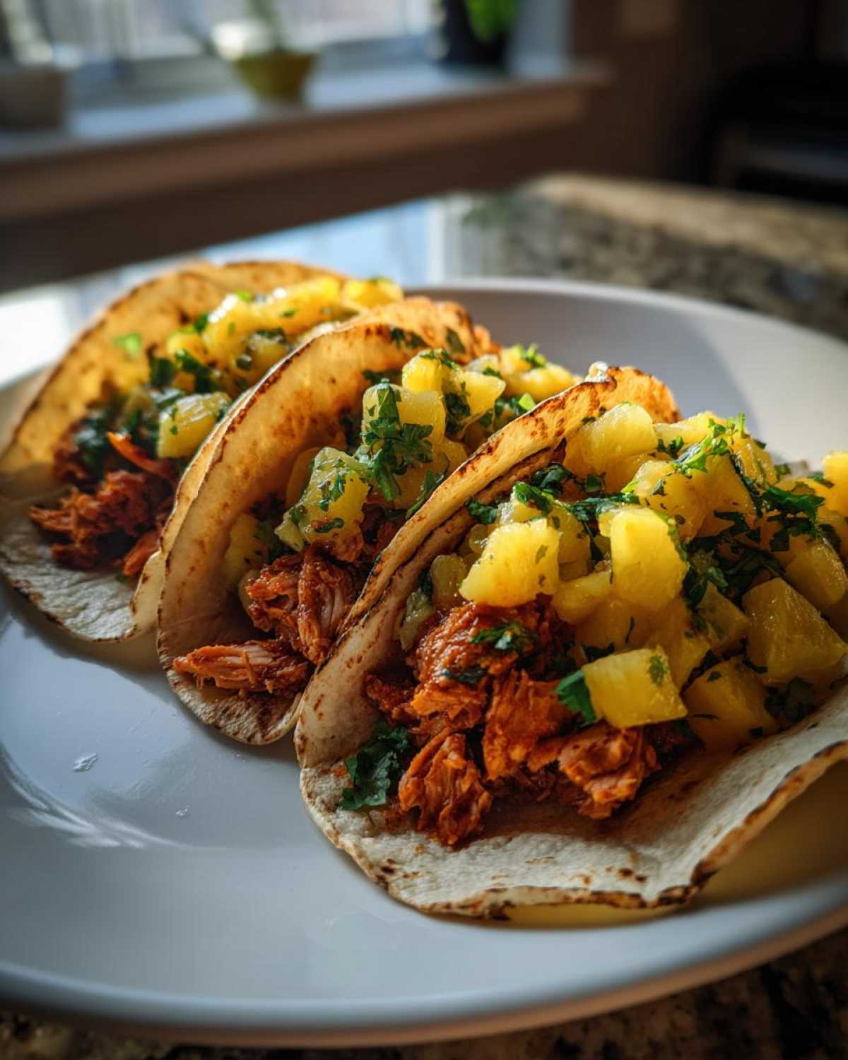 Three delicious Salmon Tacos with Pineapple Salsa served on a white plate, ready to eat.