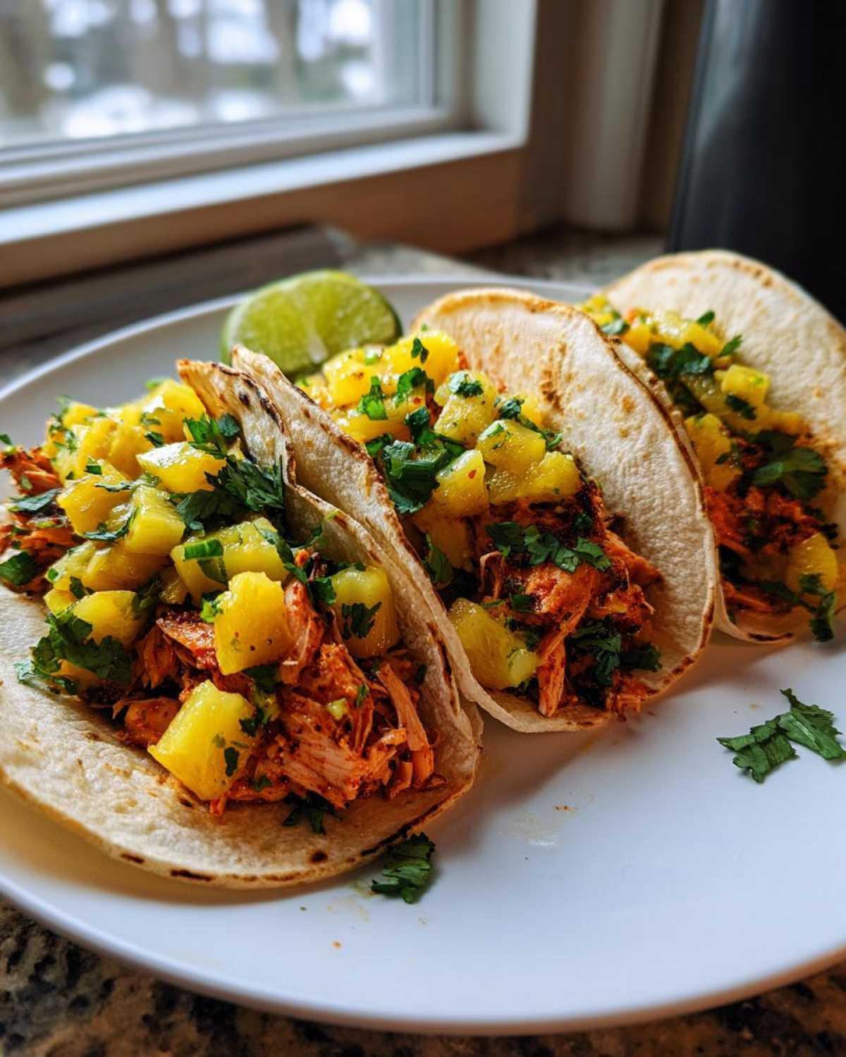 Three soft shell Salmon Tacos generously topped with vibrant Pineapple Salsa and fresh cilantro, served with a lime wedge.