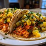 Close-up of two delicious Salmon Tacos topped generously with bright Pineapple Salsa on a white plate.