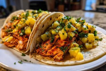 Close-up of two delicious Salmon Tacos topped generously with bright Pineapple Salsa on a white plate.