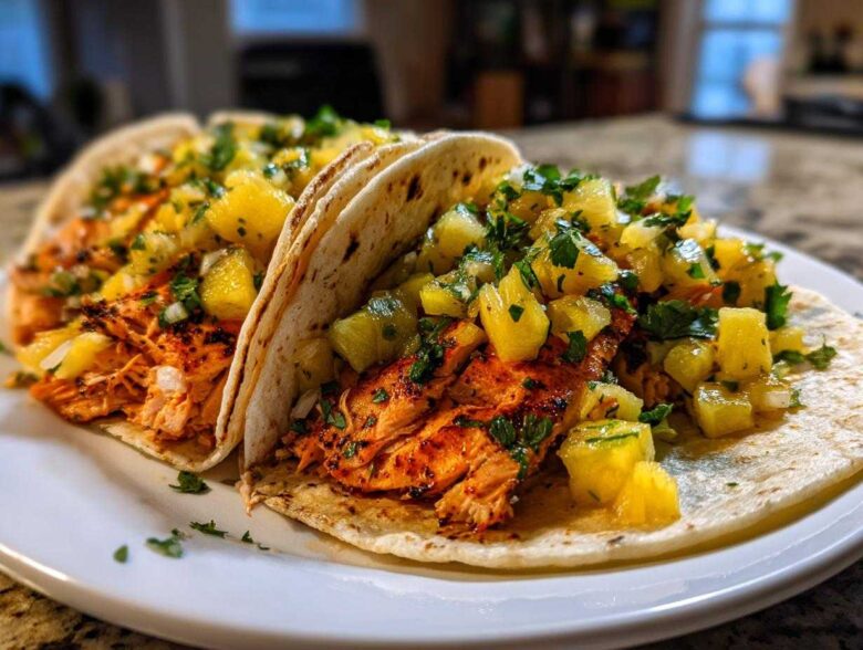 Close-up of two delicious Salmon Tacos topped generously with bright Pineapple Salsa on a white plate.