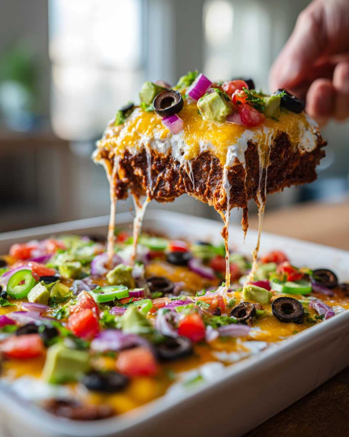 A scoop of hot, cheesy 7-Layer Avocado Party Dip being lifted from the dish, showing melted cheese strings.