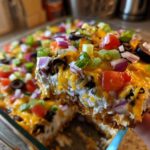 A hand lifts a square serving of the layered dip, showing creamy layers, melted cheese, and colorful toppings on this Avocado Party Dip.