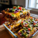A hand lifts a thick, layered slice of the 7-Layer Avocado Party Dip casserole, topped with melted cheese, guacamole, and fresh salsa.