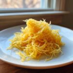 A mound of bright yellow, shredded spaghetti squash served on a white plate.