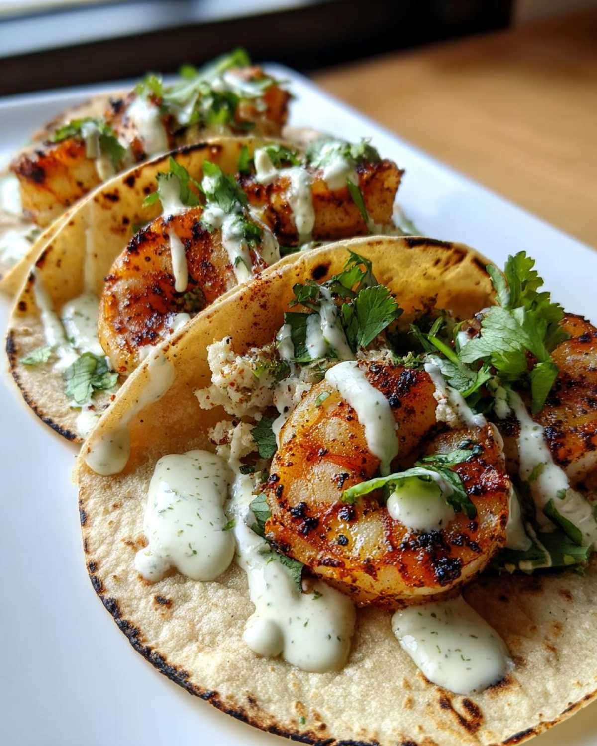 Close-up of three grilled Shrimp Tacos with Lime Crema drizzled over seasoned shrimp and fresh cilantro.
