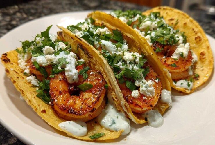 Three delicious Shrimp Tacos with Lime Crema, topped with crumbled white cheese and fresh cilantro.