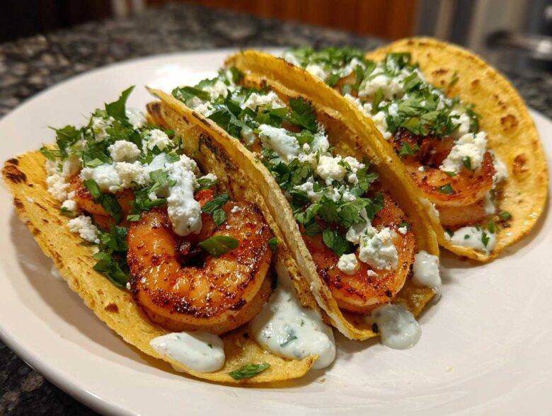 Three delicious Shrimp Tacos with Lime Crema, topped with crumbled white cheese and fresh cilantro.