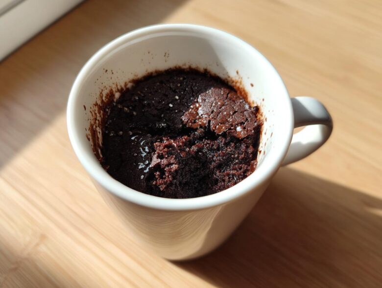 Close-up of a rich, dark chocolate Single Serve Protein Brownie baked inside a white mug.