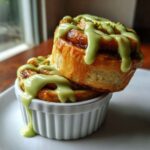 Two stacked cinnamon rolls topped with vibrant green Small Batch Pistachio Cream Cinnamon icing.