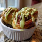 Three golden brown Small Batch Pistachio Cream Cinnamon Rolls drizzled with bright green pistachio icing and topped with chopped nuts.