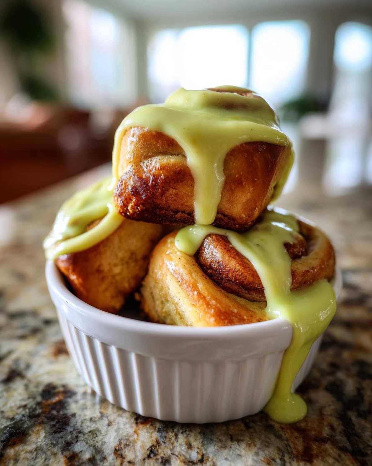 Three small batch pistachio cream cinnamon rolls stacked in a white ramekin with bright green icing dripping down.
