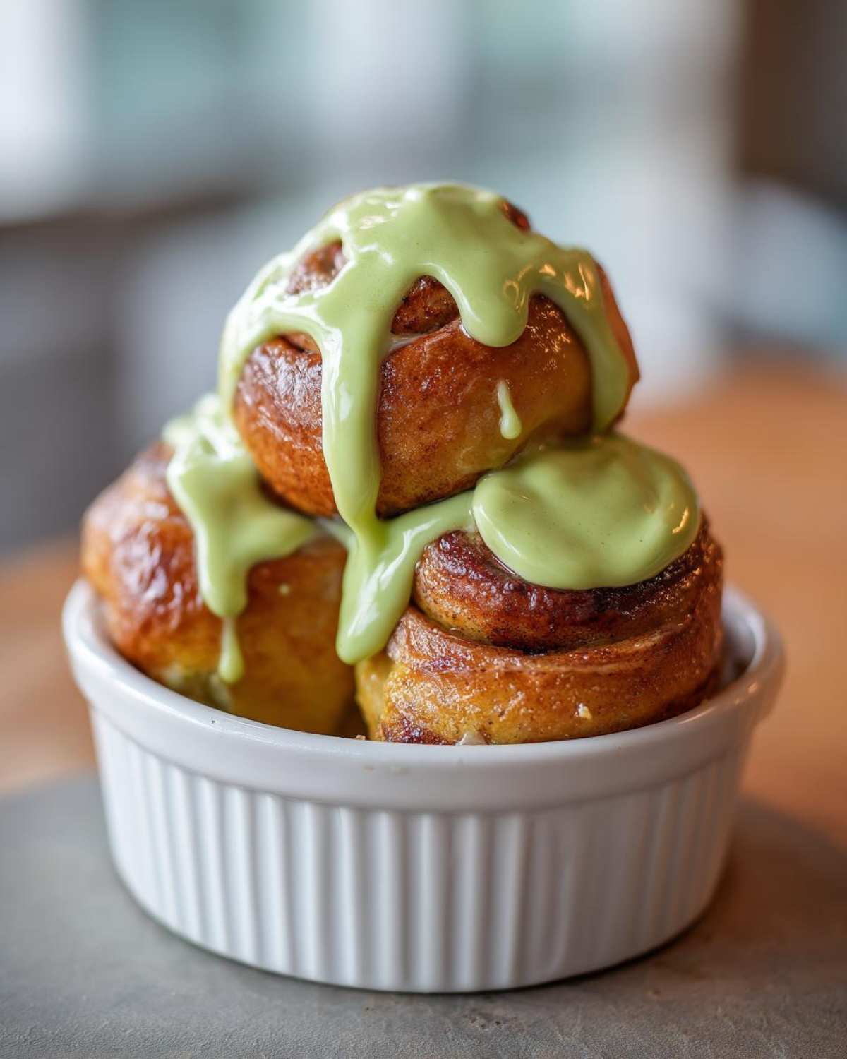 Three Small Batch Pistachio Cream Cinnamon rolls stacked in a white ramekin with bright green icing drizzled over them.