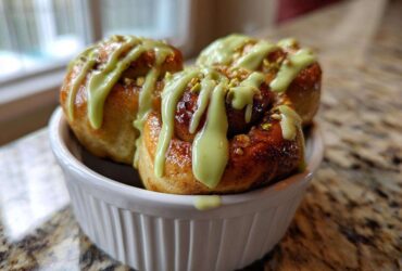 Three golden brown Small Batch Pistachio Cream Cinnamon Rolls drizzled with bright green pistachio icing and topped with chopped nuts.