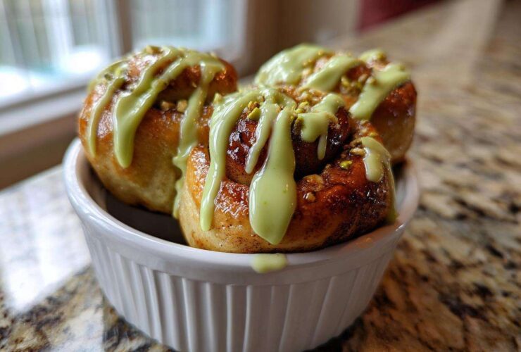 Three golden brown Small Batch Pistachio Cream Cinnamon Rolls drizzled with bright green pistachio icing and topped with chopped nuts.