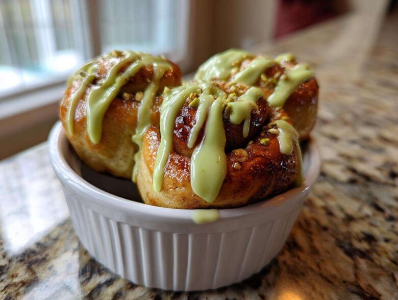 Three golden brown Small Batch Pistachio Cream Cinnamon Rolls drizzled with bright green pistachio icing and topped with chopped nuts.