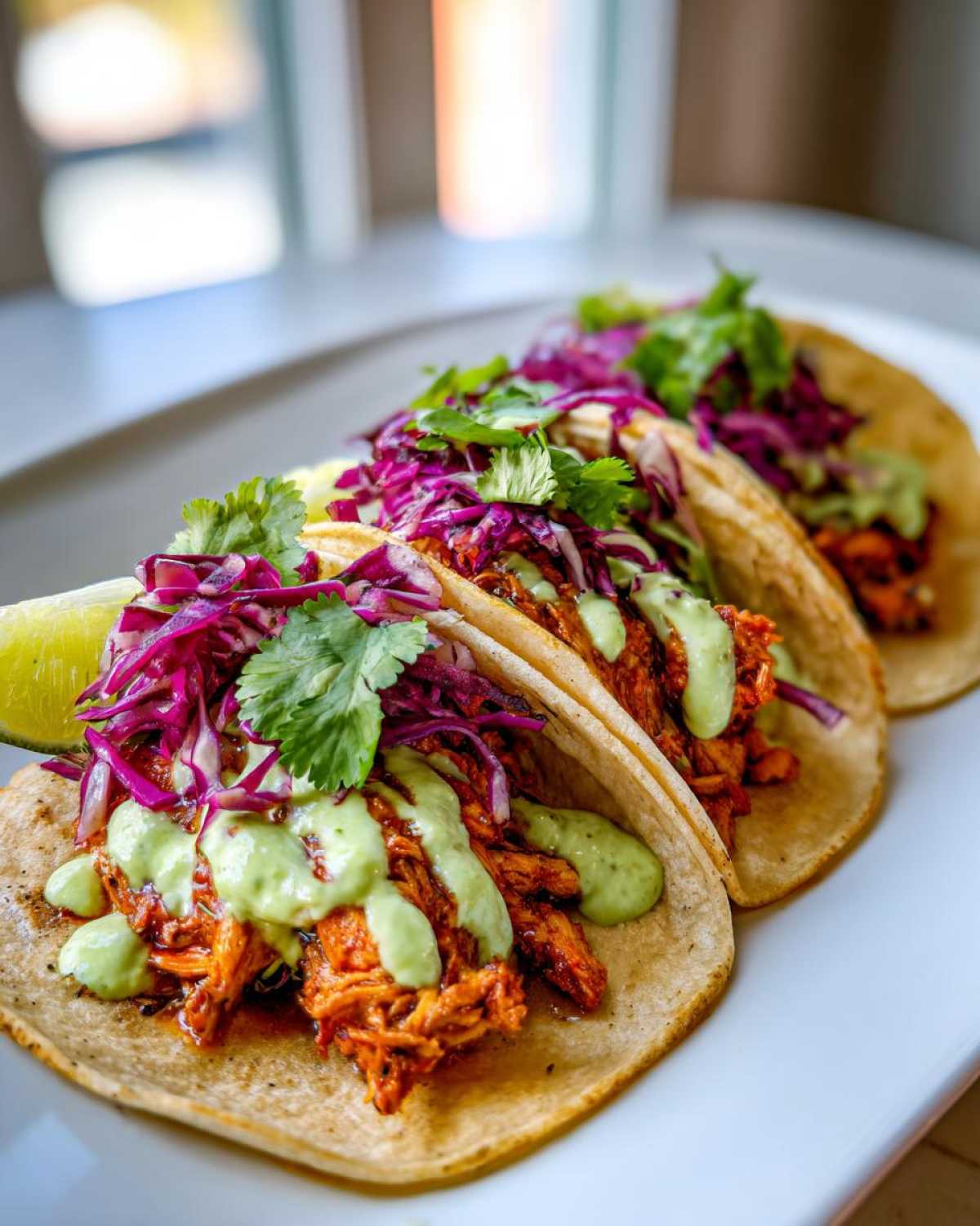 Close-up of three Smash Chicken Tacos filled with shredded chicken, purple cabbage slaw, and drizzled with green avocado crema.