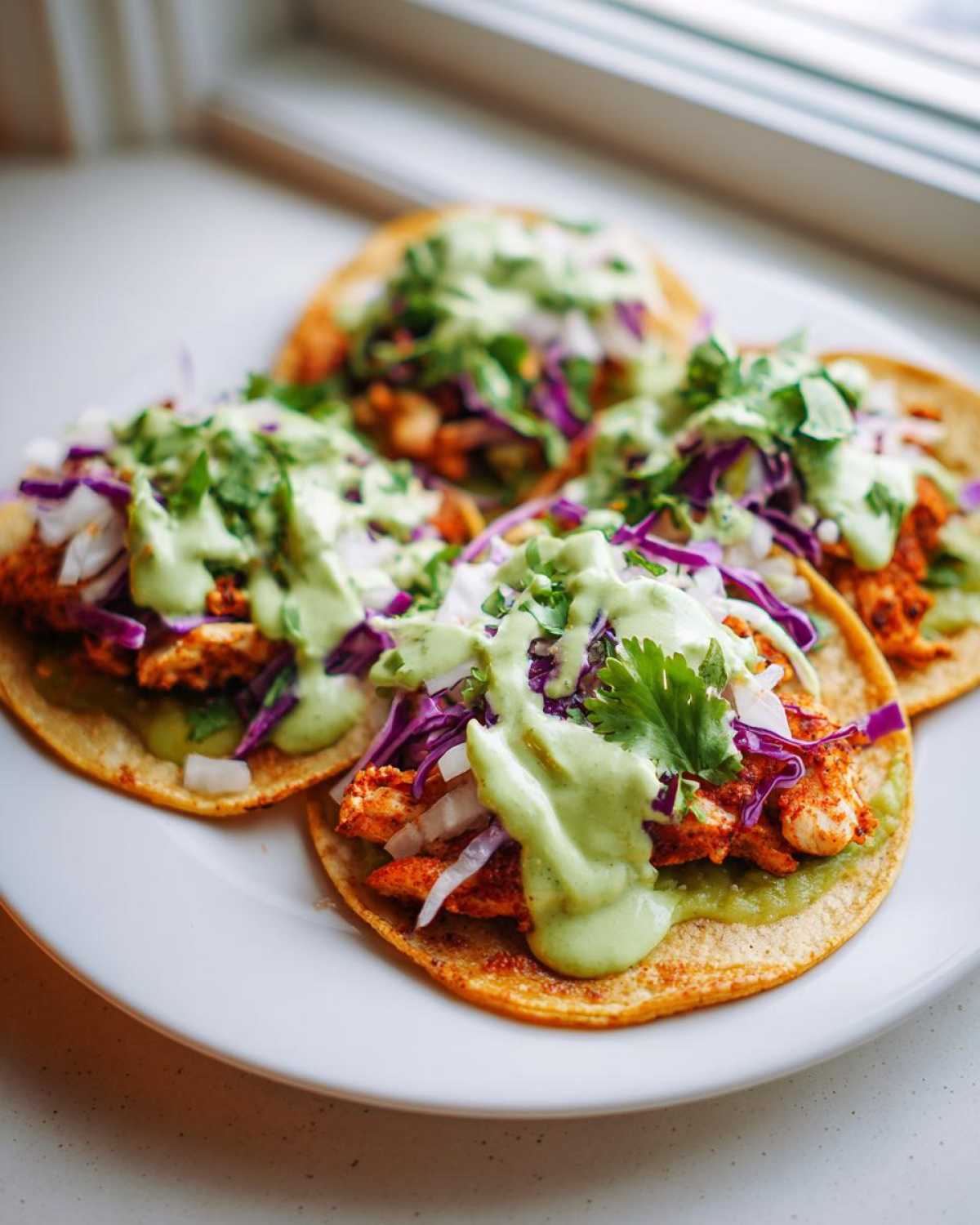 Four fully loaded Smash Chicken Tacos topped with red cabbage, onions, cilantro, and a creamy green sauce on a white plate.