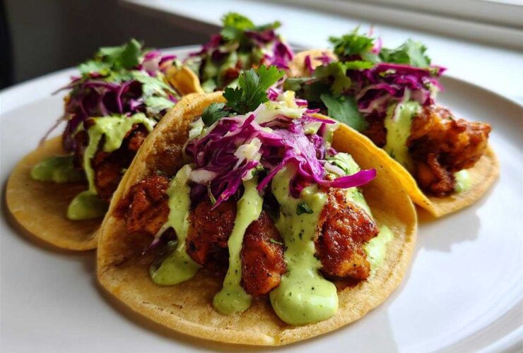 Close-up of three delicious Smash Chicken Tacos topped with red cabbage slaw and bright green avocado crema.