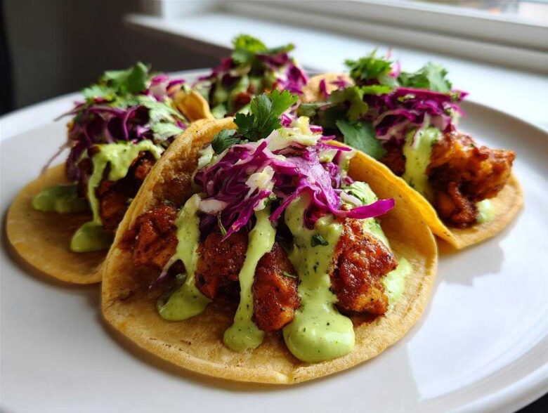 Close-up of three delicious Smash Chicken Tacos topped with red cabbage slaw and bright green avocado crema.