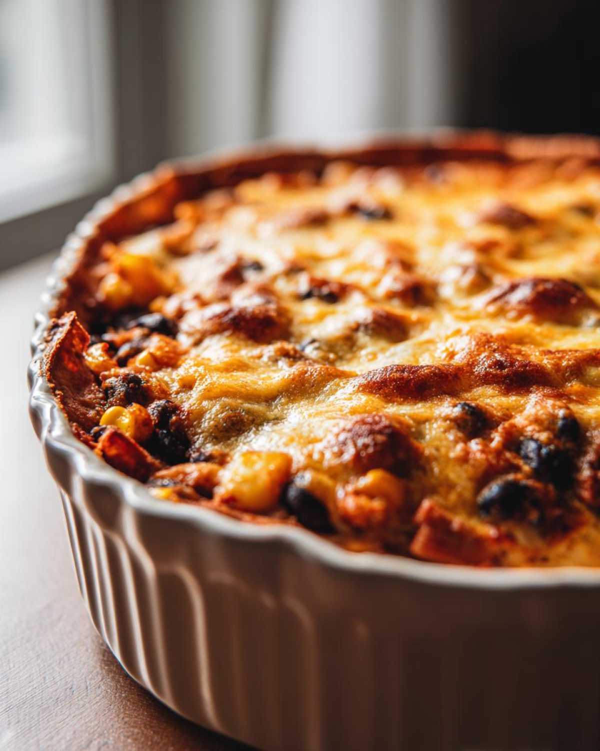 Close-up of a bubbly, cheesy Southwestern Black Bean Casserole fresh from the oven in a white baking dish.