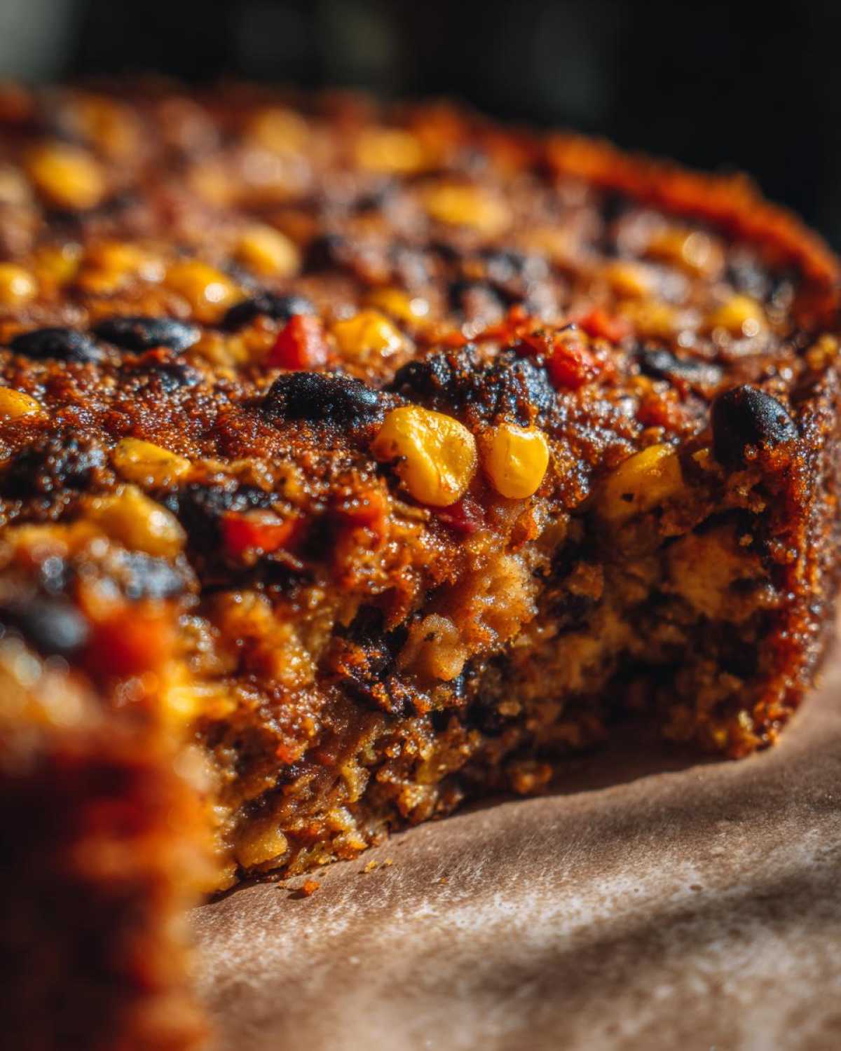Close-up, dramatic lighting shot showing the rich, baked texture of the Southwestern Black Bean Casserole with visible corn and black beans.