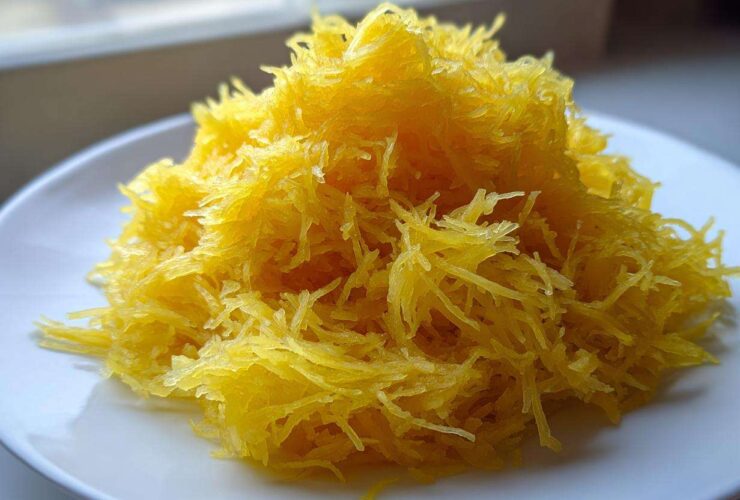 A mound of bright yellow, shredded spaghetti squash recipe strands piled high on a white plate.