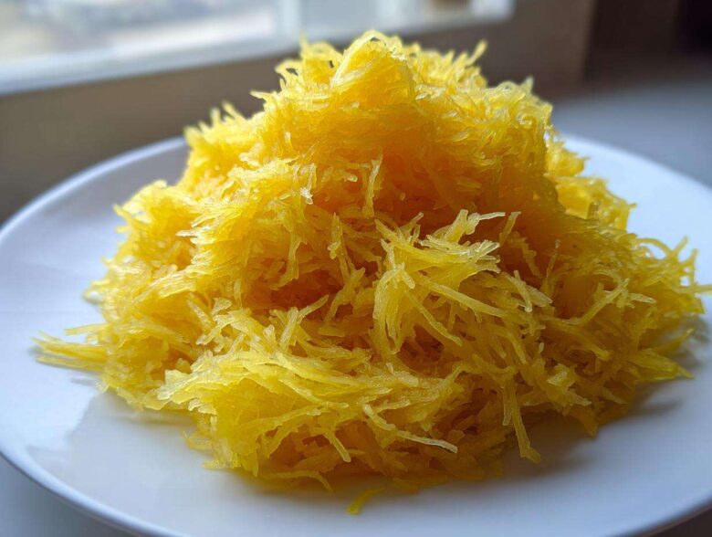 A mound of bright yellow, shredded spaghetti squash recipe strands piled high on a white plate.