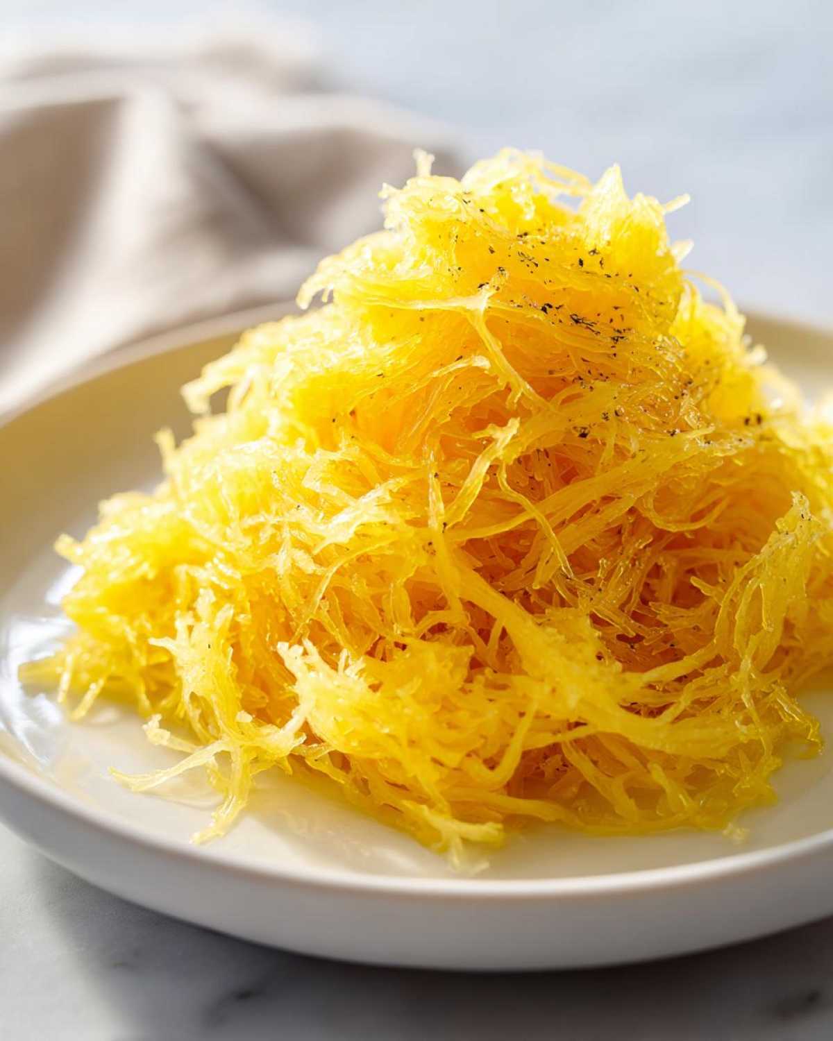 A mound of bright yellow, cooked spaghetti squash recipe strands seasoned lightly with black pepper on a white plate.