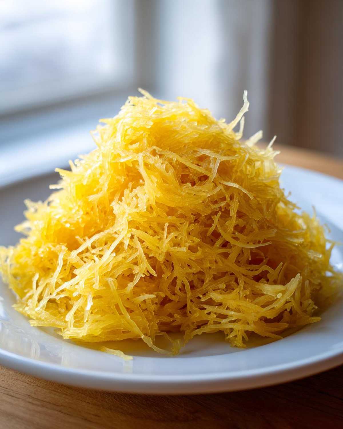 A mound of bright yellow, cooked spaghetti squash recipe strands piled high on a white plate.