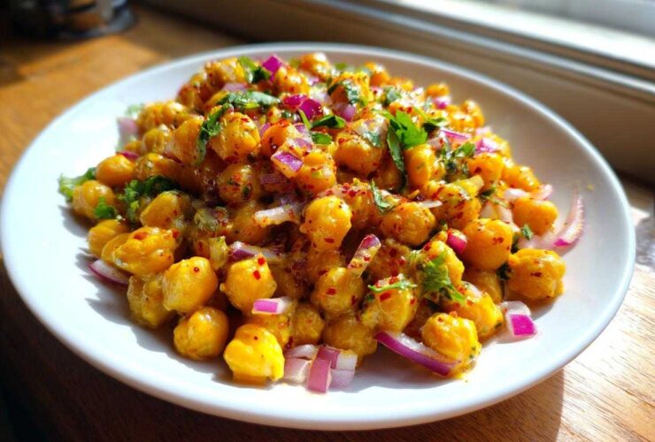Close-up of a vibrant Spicy Chickpea Salad tossed with red onion and cilantro on a white plate.