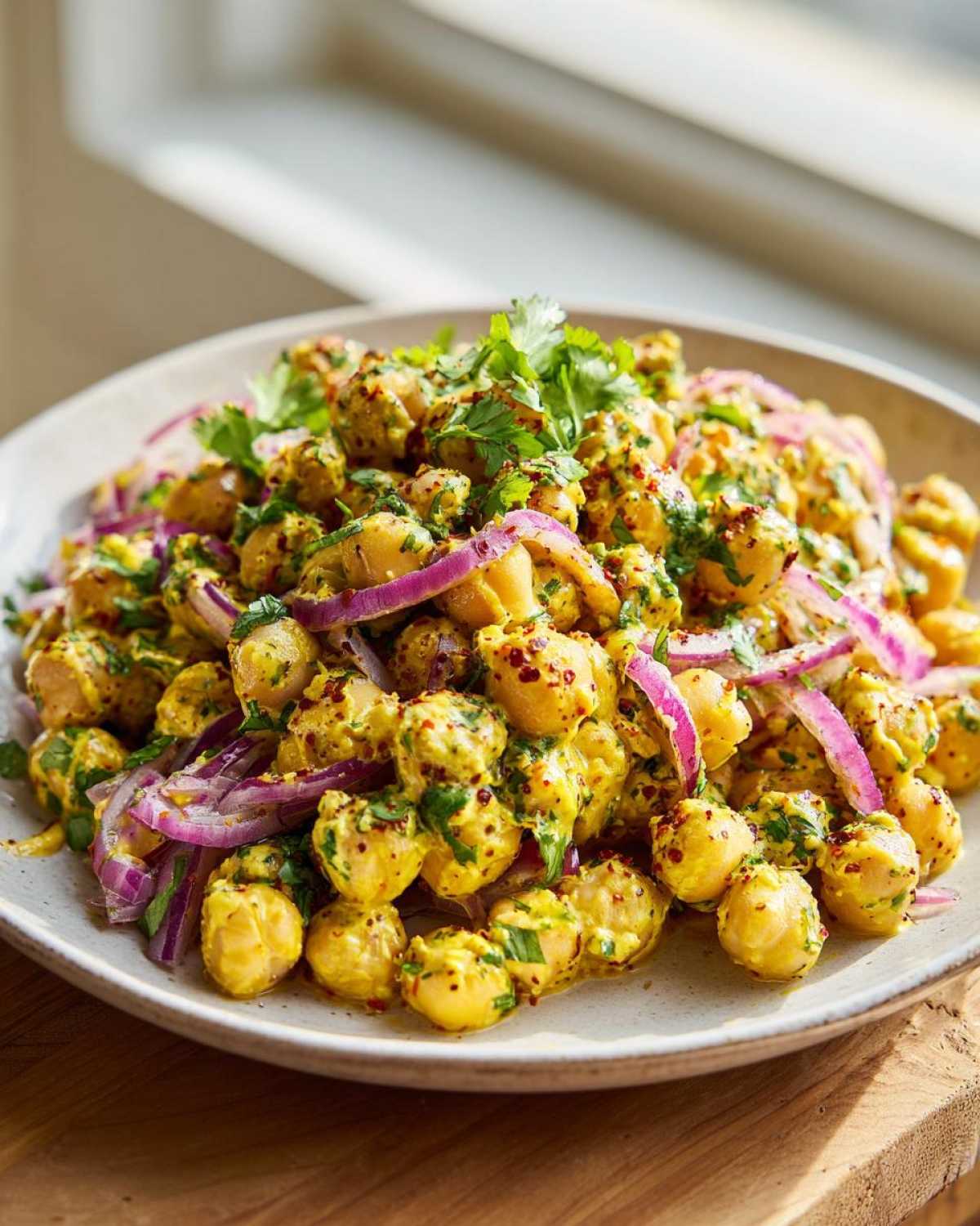A close-up of a vibrant Spicy Chickpea Salad featuring chickpeas coated in a yellow dressing, mixed with sliced red onion and fresh cilantro.