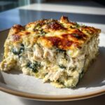 A thick, cheesy slice of Spinach Artichoke Chicken Casserole with shredded chicken and spinach.
