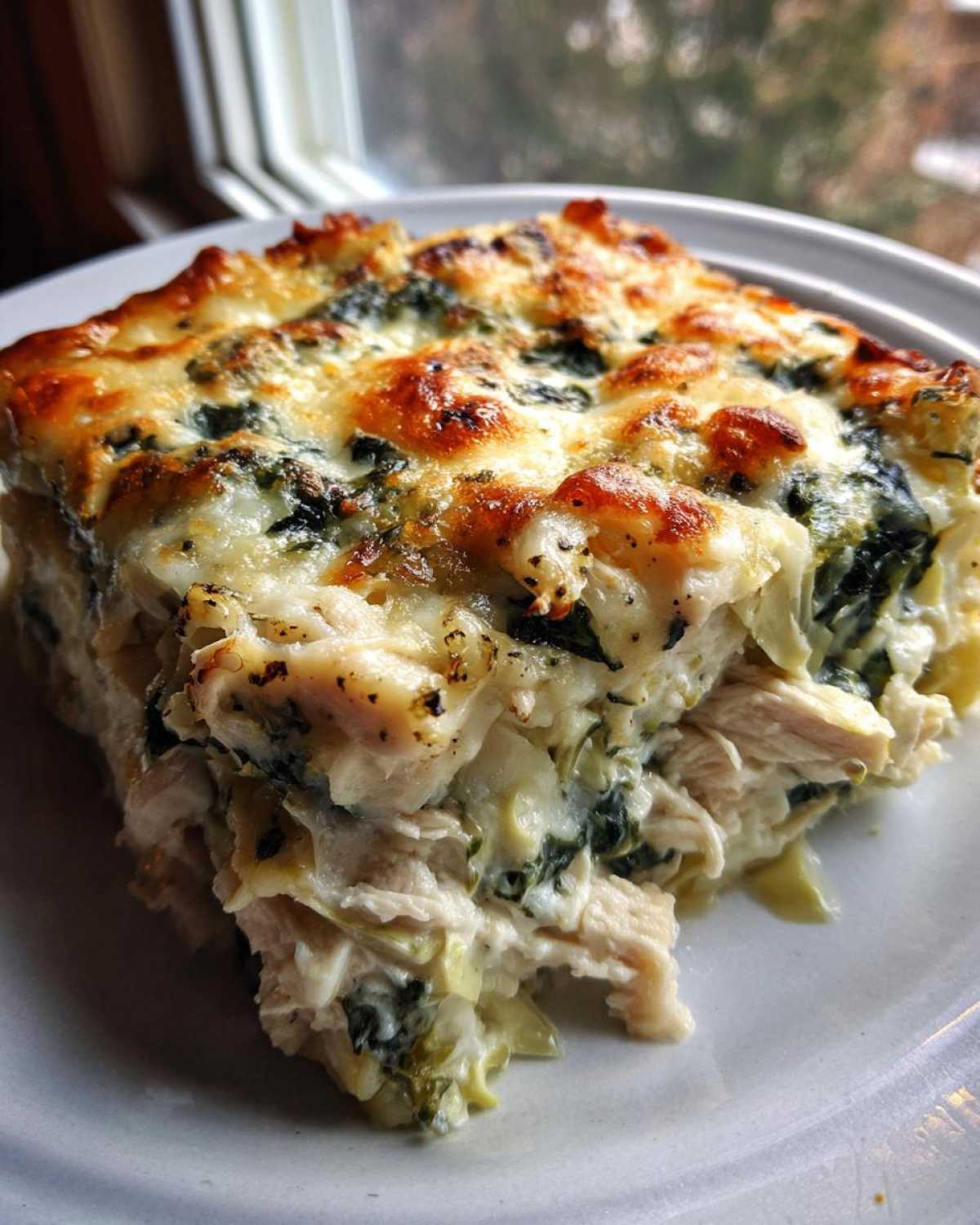 A close-up slice of Spinach Artichoke Chicken Casserole with a golden, bubbly cheese topping.