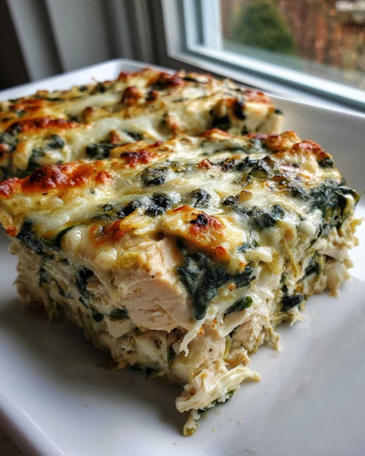 Close-up of a hearty slice of Spinach Artichoke Chicken Casserole with melted, browned cheese topping.