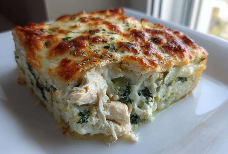 A thick, square slice of Spinach Artichoke Chicken Casserole showing shredded chicken, creamy spinach, and a bubbly, browned cheese crust.