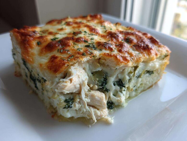 A thick, square slice of Spinach Artichoke Chicken Casserole showing shredded chicken, creamy spinach, and a bubbly, browned cheese crust.