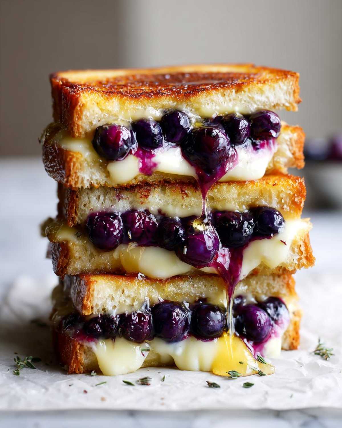 A tall stack of three halves of Blueberry Grilled Cheese sandwiches oozing melted cheese and blueberries.