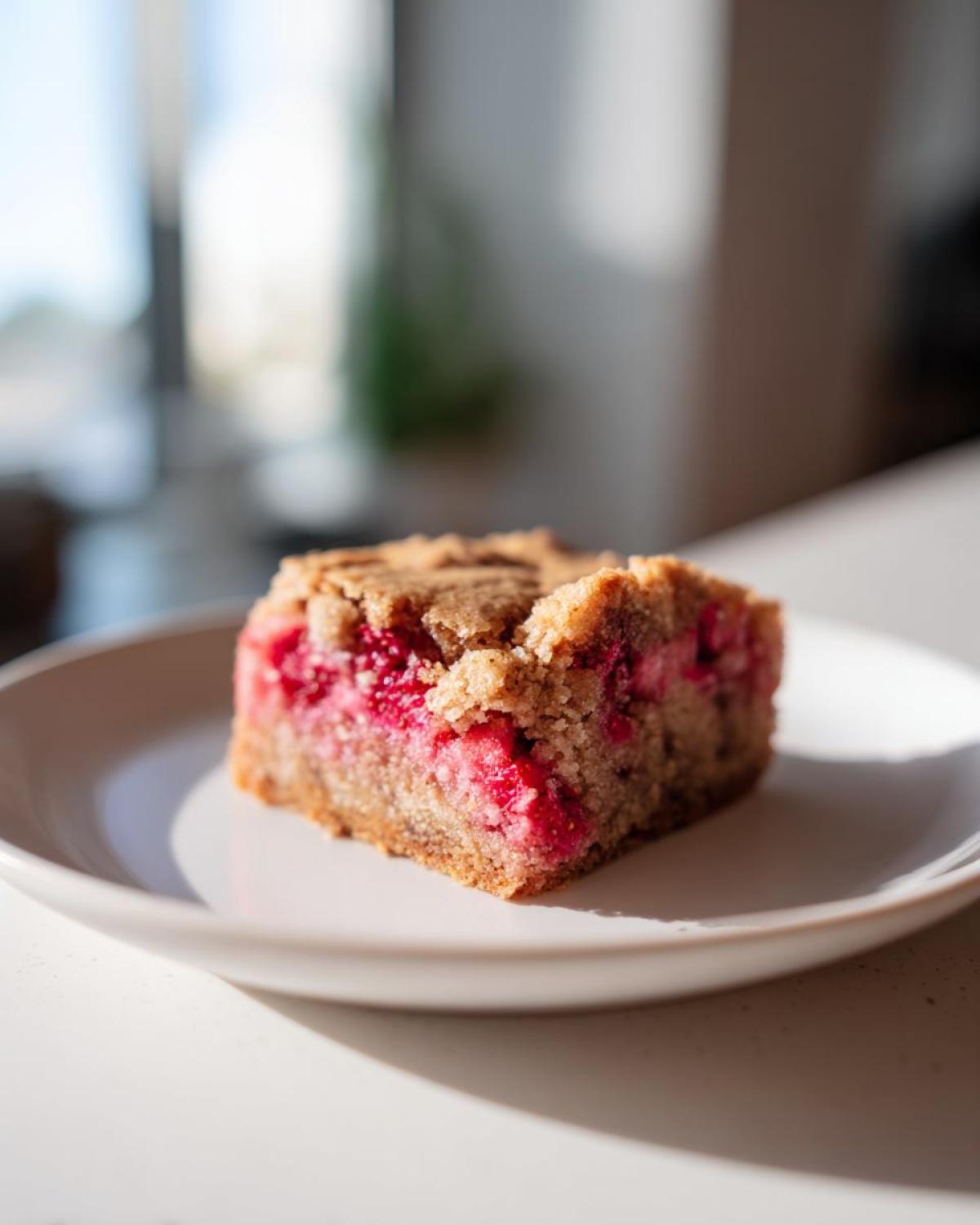 A square piece of moist Strawberry Blondies One Bowl dessert with visible chunks of bright red strawberries on a white plate.