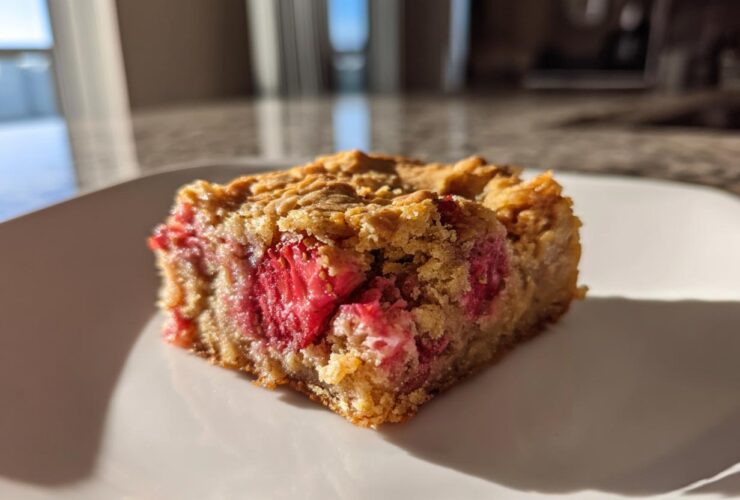 A single square of moist Strawberry Blondies One Bowl recipe featuring visible chunks of bright red strawberries.
