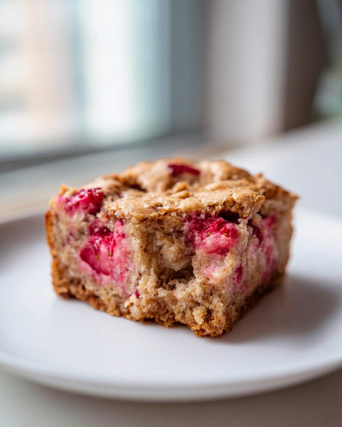 A single square of moist Strawberry Blondies One Bowl recipe showing bright pink strawberry pieces baked into the light brown batter.
