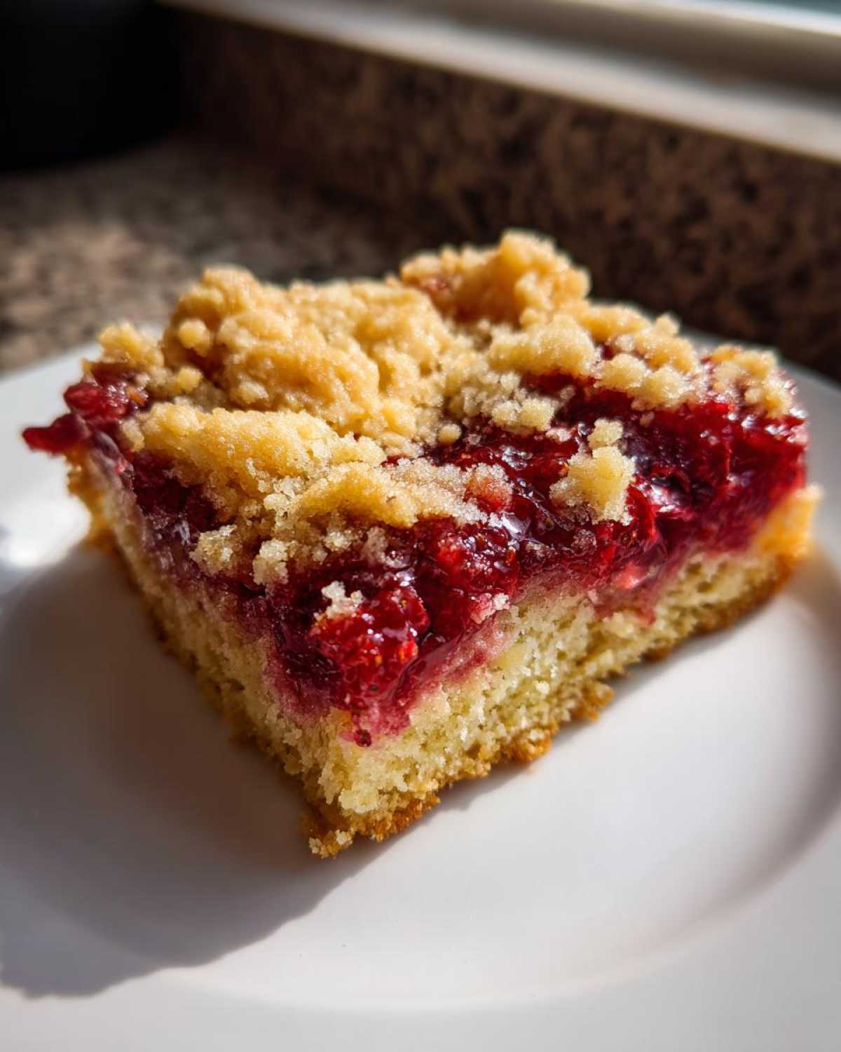 Close-up of a single serving of Strawberry Shortbread Bars Summer Delight with a crumb topping.