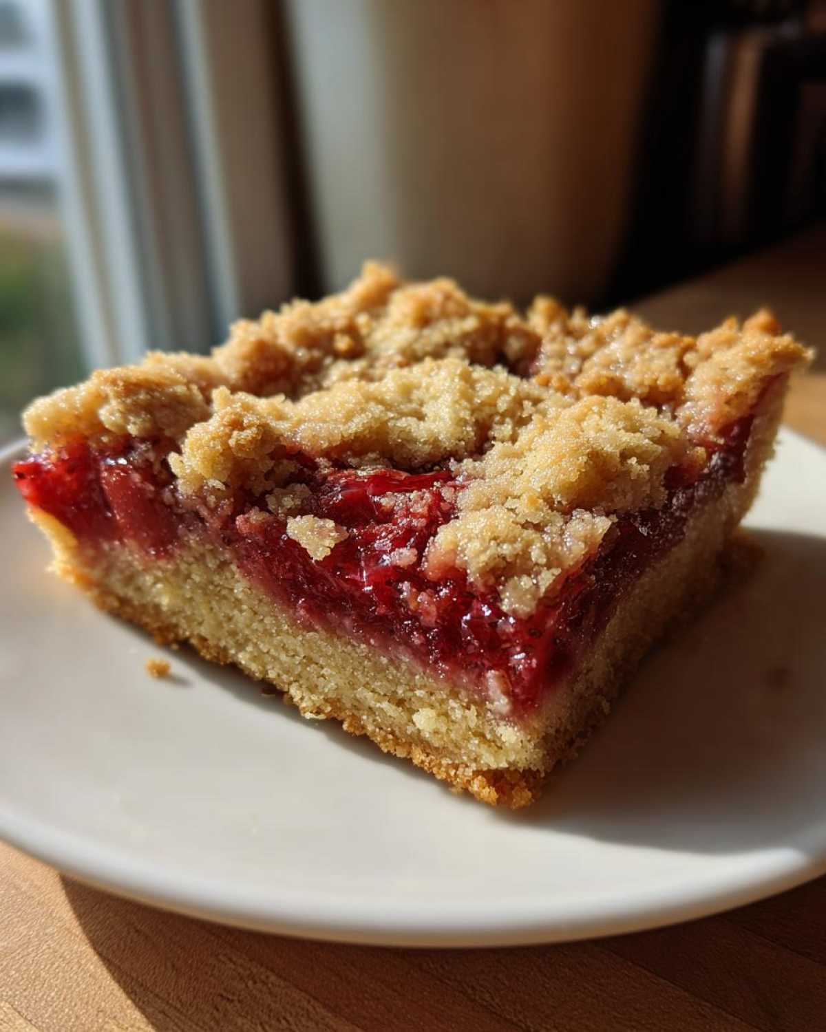 A close-up of a single square of Strawberry Shortbread Bars Summer Delight with a crumbly top and bright red filling.