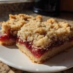 Two squares of Strawberry Shortbread Bars Summer Delight with a thick strawberry jam layer and crumbly topping on a white plate.