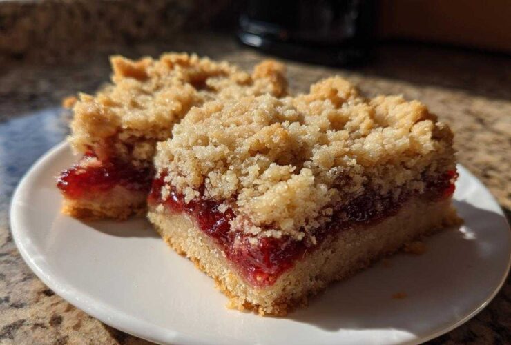 Two squares of Strawberry Shortbread Bars Summer Delight with a thick strawberry jam layer and crumbly topping on a white plate.